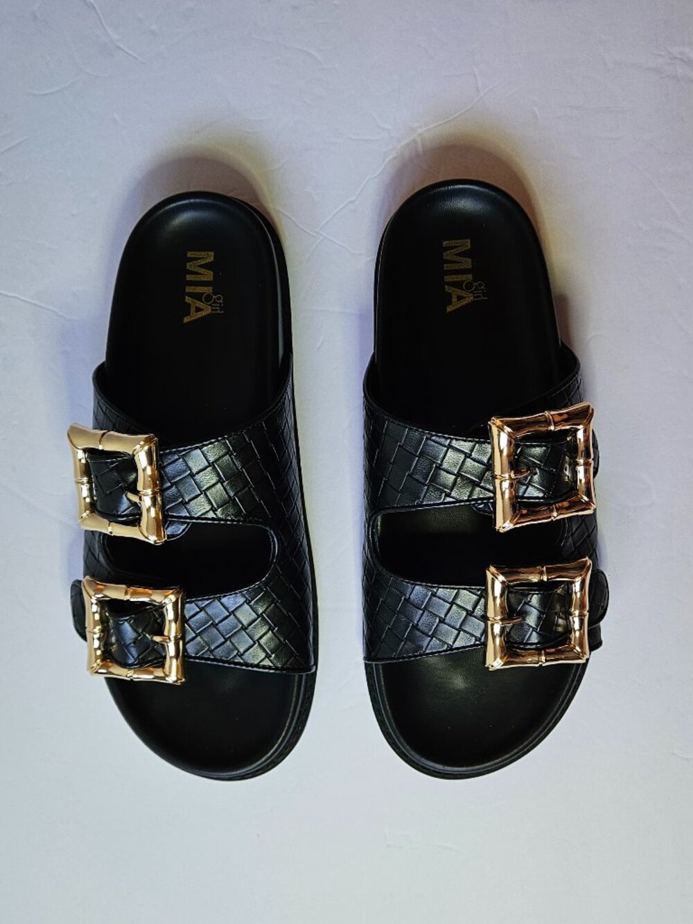 MIA Black Sandals with Gold Buckles Womens Size 8